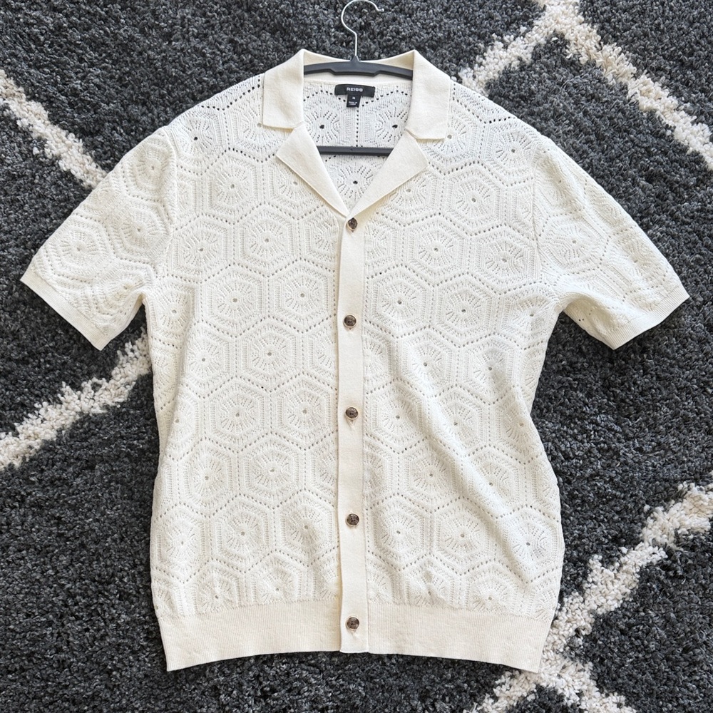 Reiss Royce Cream Open-Knit Button Front Short Sleeve